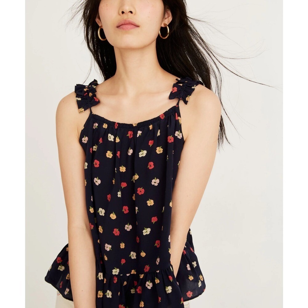 Madewell 100% Silk Floral Peplum Camisole TankTop Navy Blue Size 4